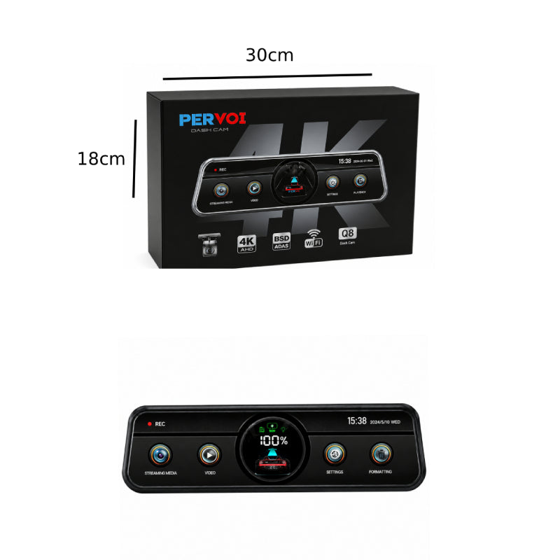 PerVoi Καθρέπτης Αυτοκινήτου με Διπλή Κάμερα 4K WiFi Dash Cam Q8 - 4K Dual Lens Rearview Mirror Dash Cam with WiFi