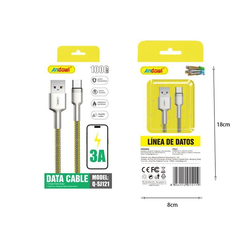 Andowl Καλώδιο δεδομένων USB σε Type-c 3A 1M Q-SJ121 - Data Cable