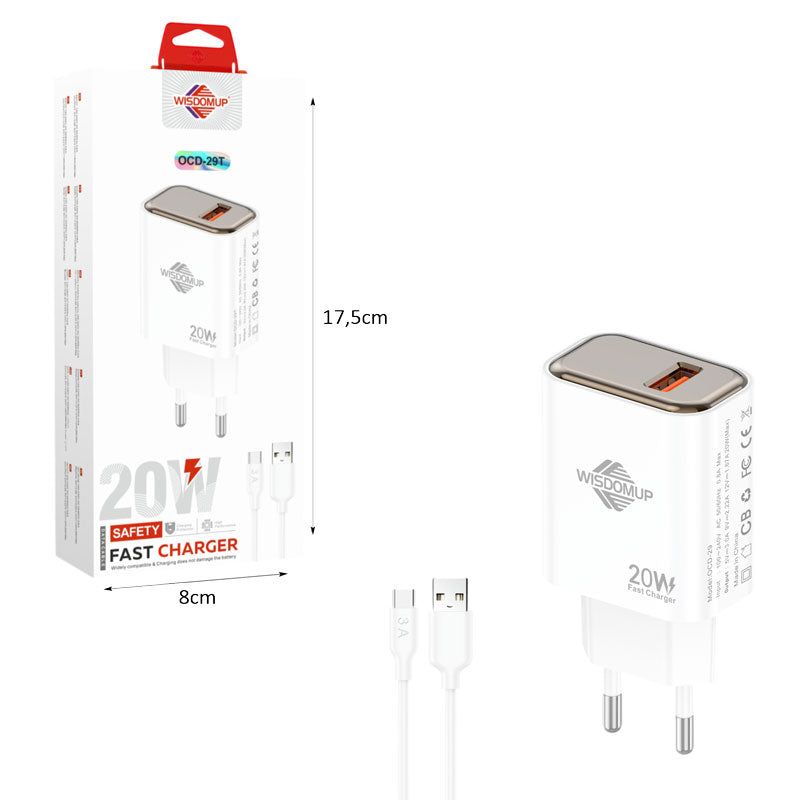 Wisdomup Φορτιστής Ταχείας Φόρτισης 20W USB-C με Καλώδιο USB-C σε Type-C OCD-29T - Fast Charger with USB-C to Type-C Cable