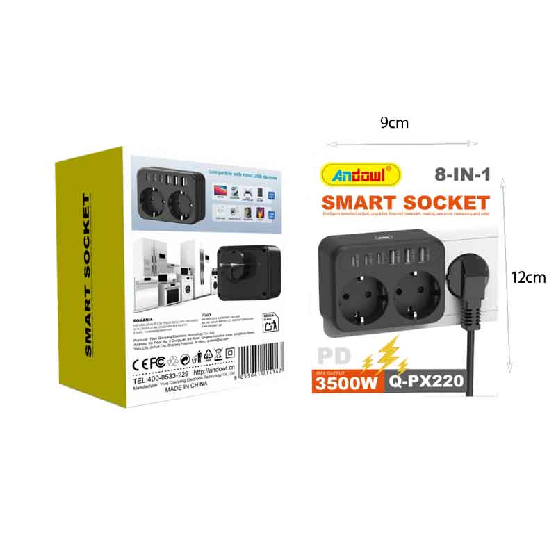 Andowl Πολύπριζο 8 σε 1 με 2 Πρίζες & 6 Θύρες USB 3500W Q-PX220- Smart Socket