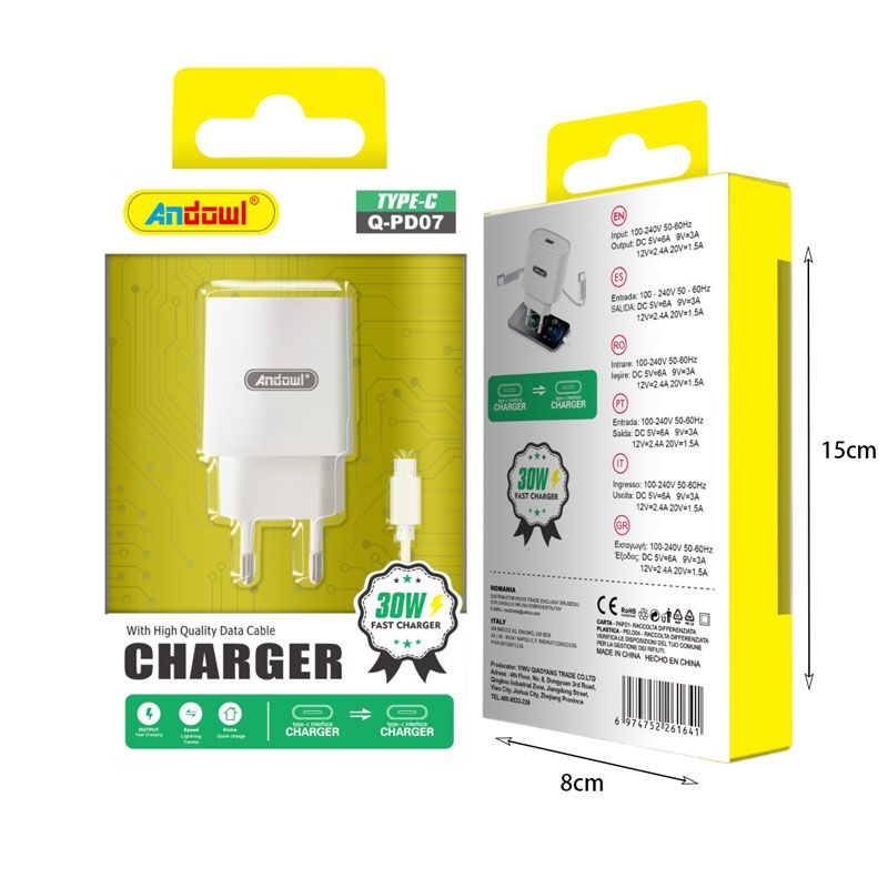 Andowl Φορτιστής με καλώδιο Type-C σε Type-C 30W Q-PD07 - Charger