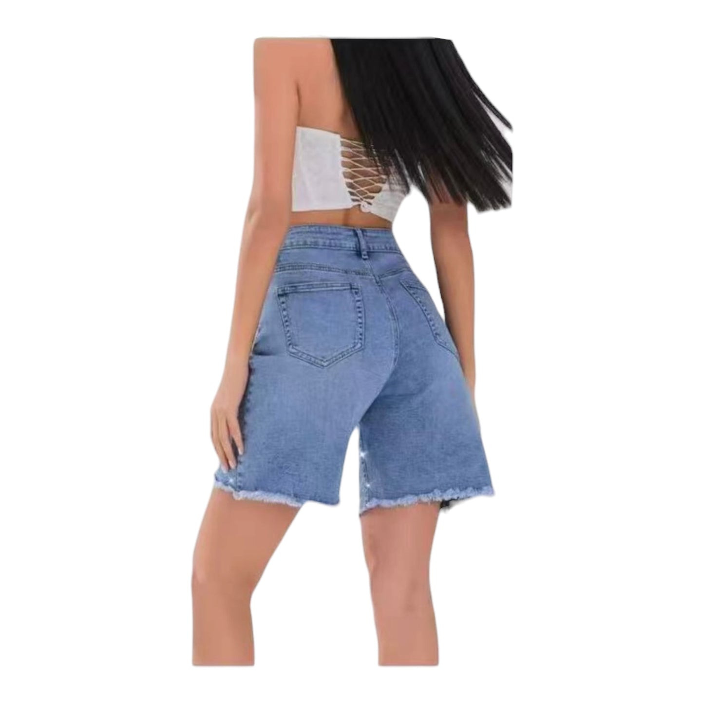 Miss Good Women's Jean Bermuda Shorts with Rhinestones Blue