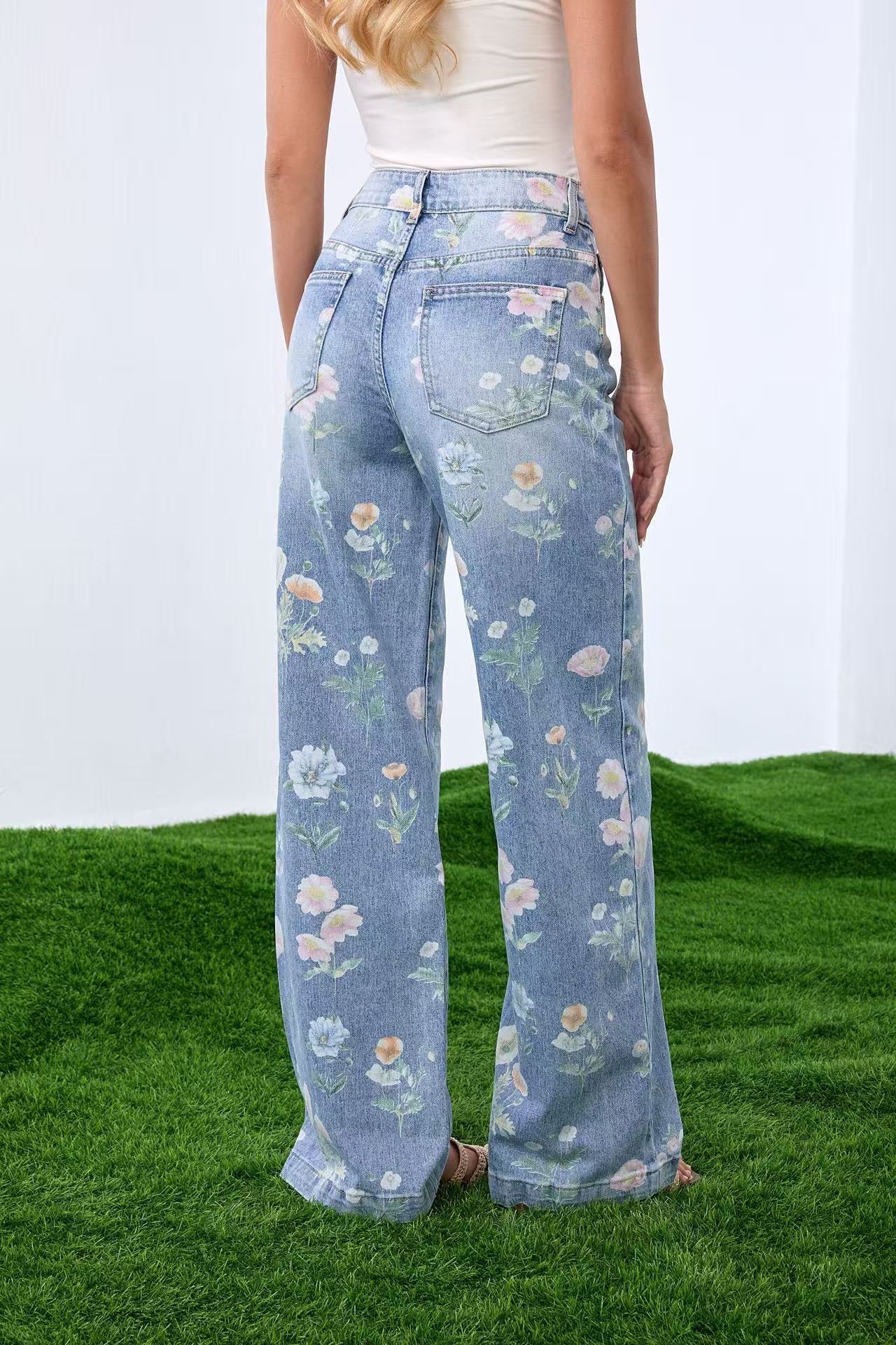 ADORO Women's Baggy Jeans with Floral Pattern Blue