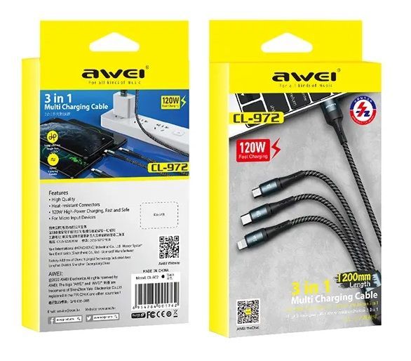 Καλώδιο φόρτισης & data 3in1 - Fast Charge - CL-972 - 1.2m - AWEI - 888155 - Black