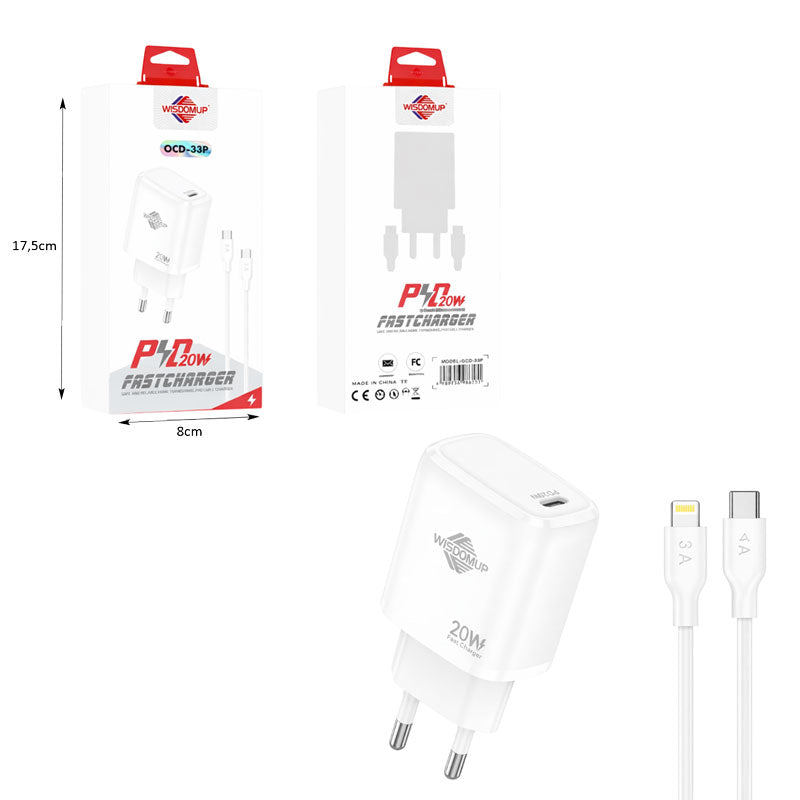 Wisdomup Φορτιστής Κινητού USB-C με Καλώδιο Lightning σε Type-C 20W OCD-33P - Fast Charger with Lightning to Type-C Cable
