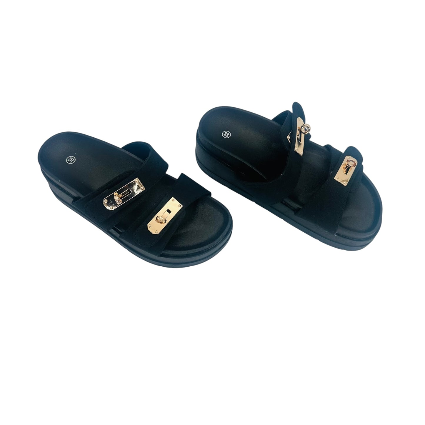 Angel Shopping Women's Sandals with Gold Buckles Black