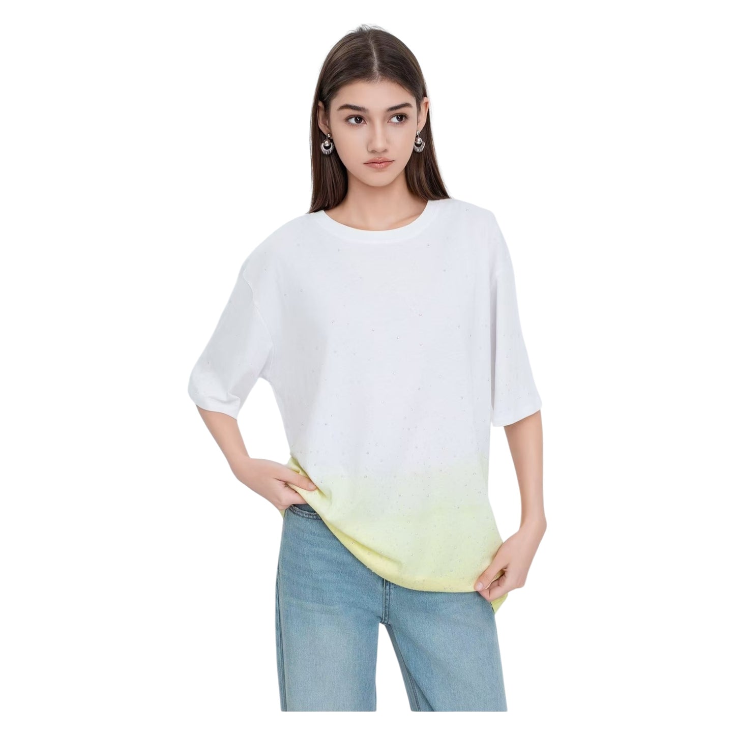 Angel Shopping Γυναικείο Oversized T-shirt με Degrade Σχέδιο & Στρας Apricot