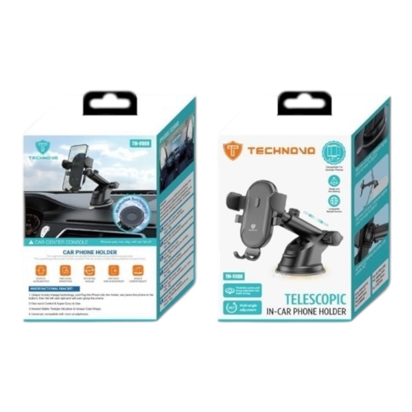 TECHNOVO Βάση Κινητού Αυτοκινήτου 4.7" - 7" με Ρυθμιζόμενα Άγκιστρα Μαύρο