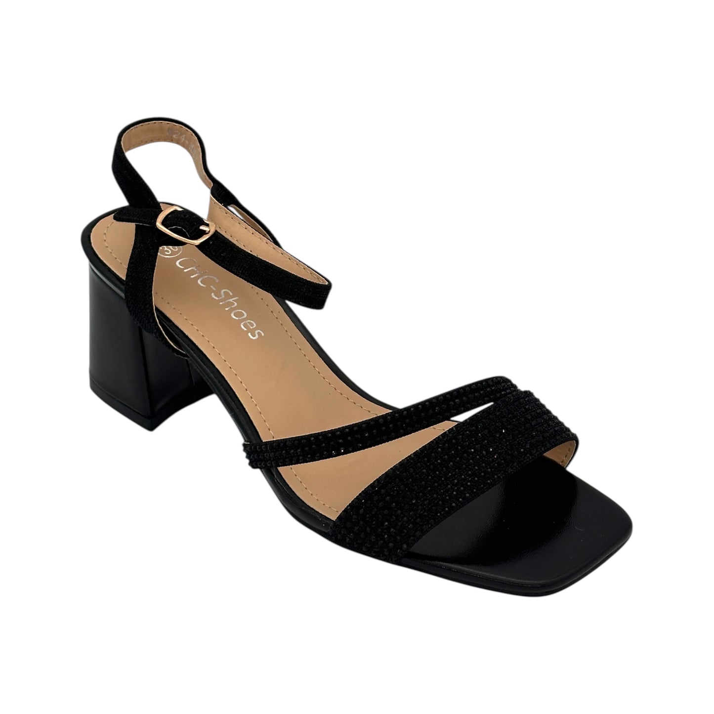 CHC SHOES Γυναικεία Πέδιλα με Μεσαίο Τακούνι & Στρας Μαύρο