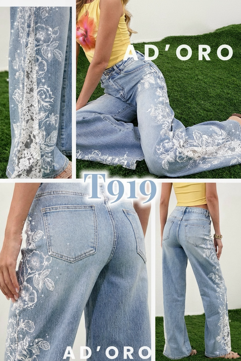 ADORO Women's High Waist Jeans with Lace & Print Blue