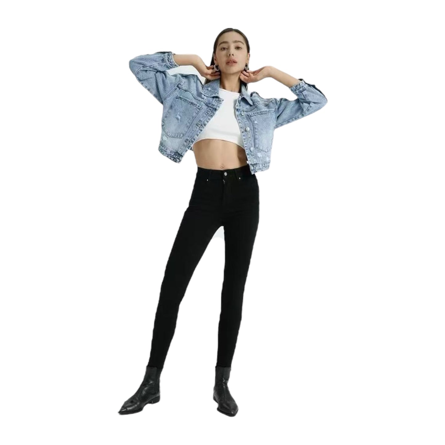 Miss Bonbon Γυναικείο Κοντό Τζιν Μπουφάν με Φθορές & Τσέπες Μπλε