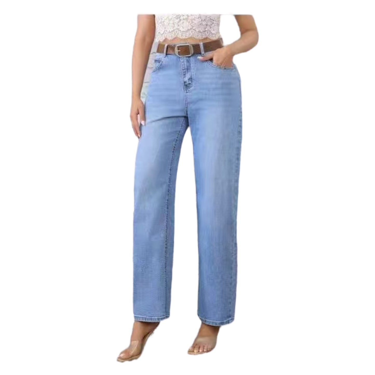 MISS GOOD Γυναικείο Ψηλόμεσο Jean Παντελόνι σε Γραμμή Tapered με Ζώνη Μπλε