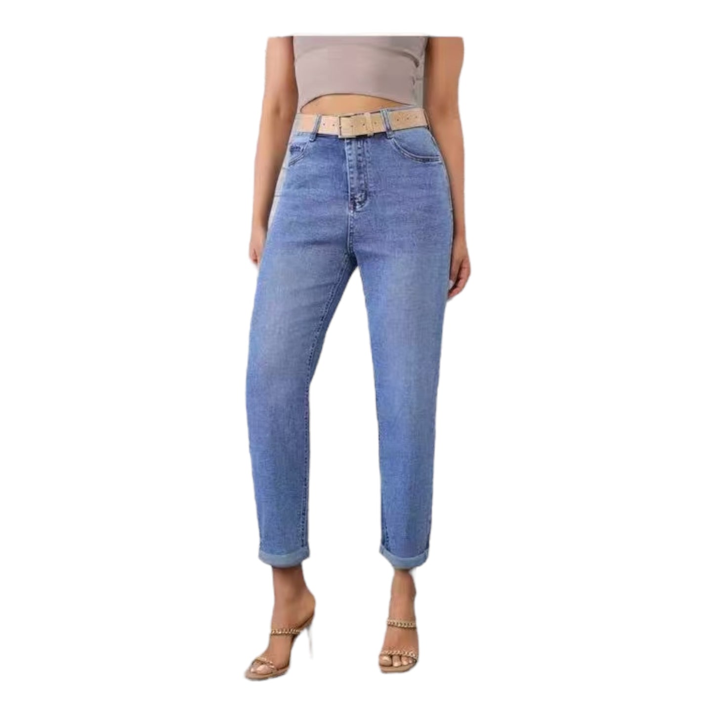 MISS GOOD Women's Jean Mom Fit Trousers with Belt Blue