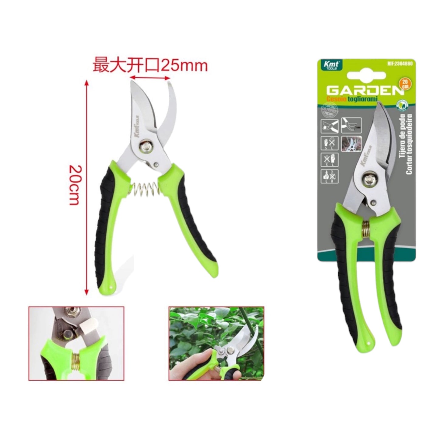 KMT Tools Ψαλίδι Κλαδέματος 2304880 Μήκους 20cm με Μέγιστη Διάμετρο Κοπής 25mm Πράσινο