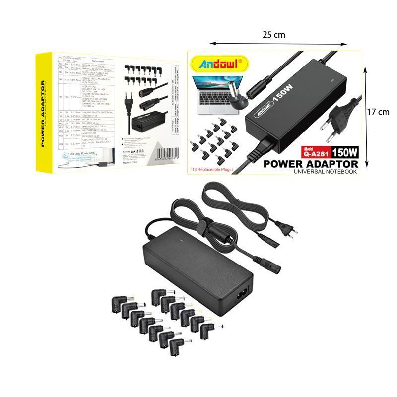 Andowl Q-A281 Universal Τροφοδοτικό 150W με Σετ 13 Εναλλασσόμενων Βυσμάτων - Universal laptop adaptor