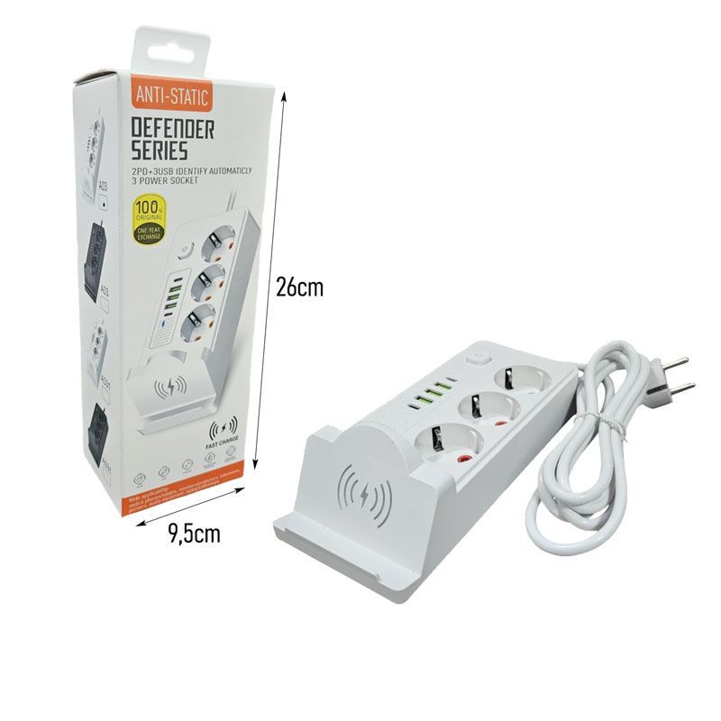 Πολύπριζο με 3 Θέσεις, 5 Θύρες USB και Ασύρματη Φόρτιση - Power Strip with 3 Outlets, 5 USB Ports and Wireless Charging