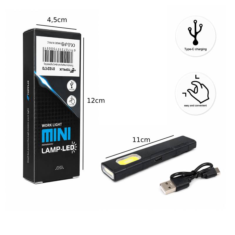 Επαναφορτιζόμενο Μαγνητικό Mini LED Φακός Εργασίας USB Type-C - Rechargeable Magnetic Mini LED Work Light USB Type-C