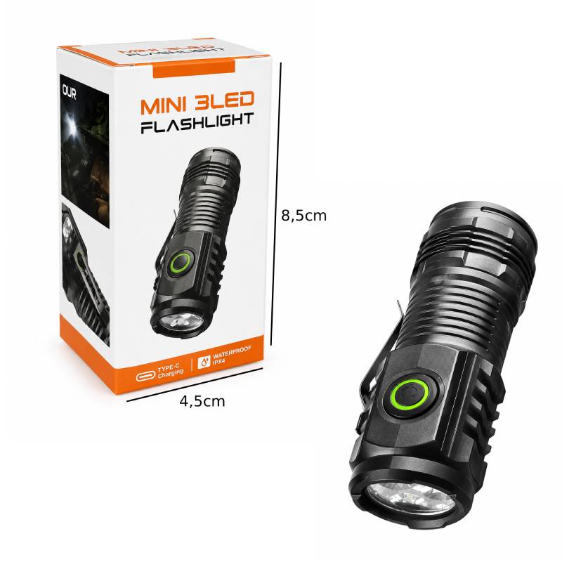 Μίνι Επαναφορτιζόμενος Φακός LED 3 LED USB Type-C Αδιάβροχος - Mini Rechargeable 3 LED Flashlight USB Type-C Waterproof