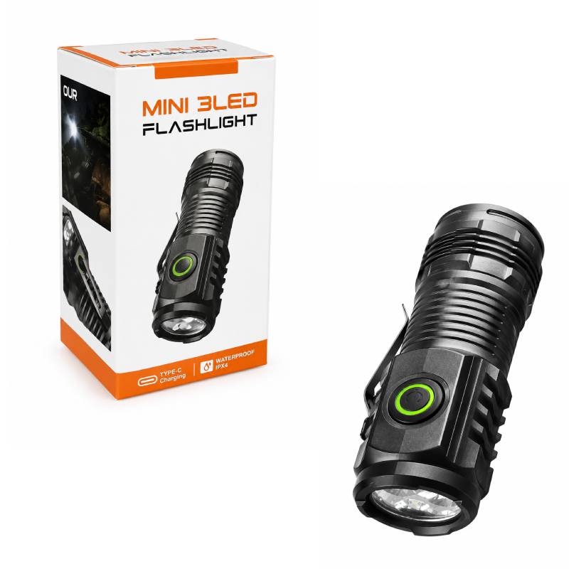 Μίνι Επαναφορτιζόμενος Φακός LED 3 LED USB Type-C Αδιάβροχος - Mini Rechargeable 3 LED Flashlight USB Type-C Waterproof