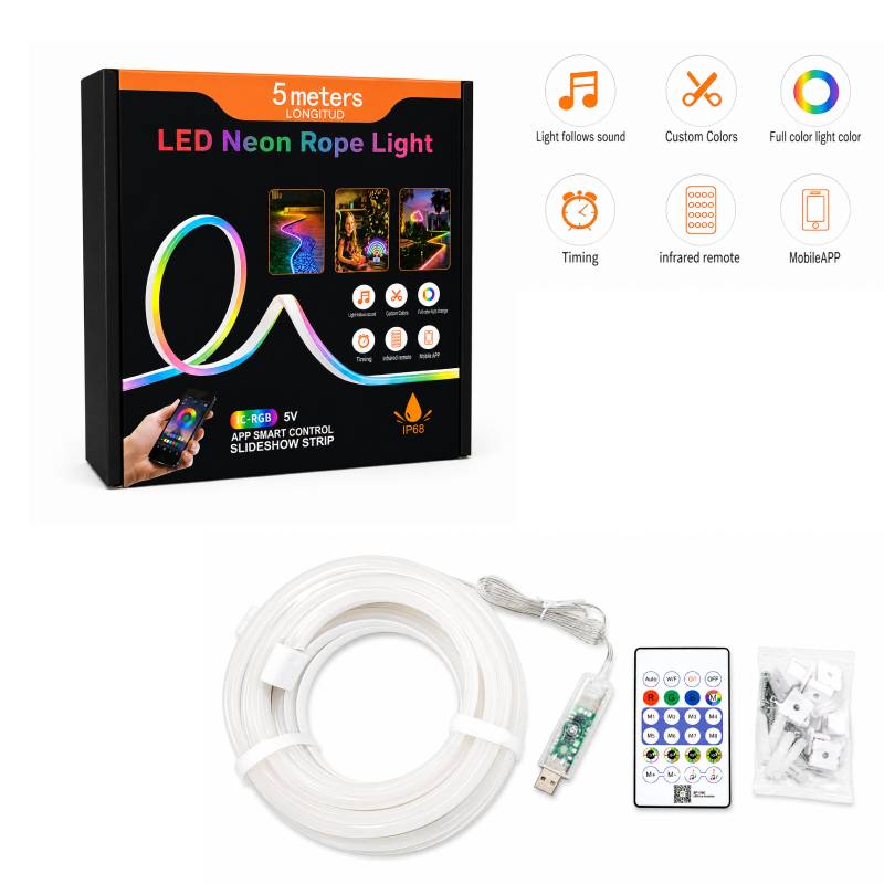 Έξυπνη RGB LED Neon Rope Light 5 Μέτρων USB με Τηλεχειριστήριο, Εφαρμογή και IP68 - LED Neon Rope Light 5M