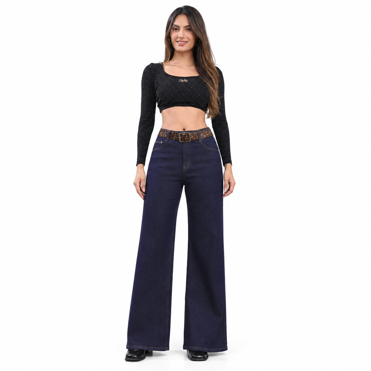 Angel Shopping Γυναικείο Τζιν Παντελόνι Ψηλόμεσο Wide Leg με Ζώνη Σκούρο Μπλε
