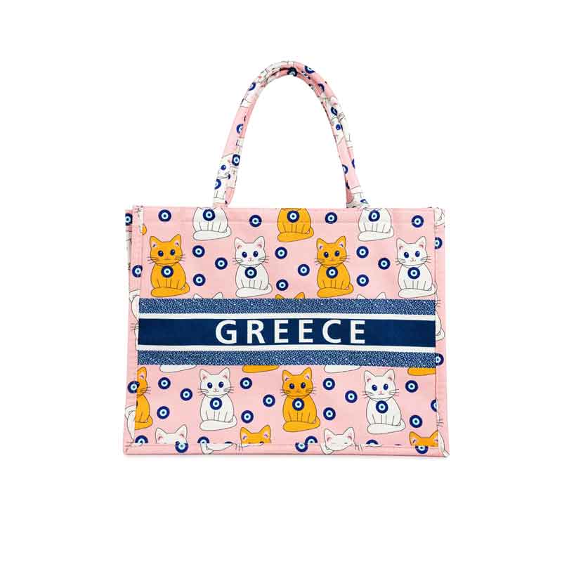 Τσάντα Θαλάσσης Greece με Σχέδιο Γάτες και Ματάκι - Greece Beach Bag with Cats and Evil Eye Design - Angel shopping