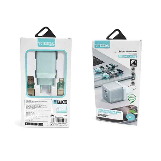 Treqa Φορτιστής με Καλώδιο 4-σε-1 70W GaN 1A+1C - 70W GaN 1A+1C Fast Charging Charger with 4-in-1 Cable