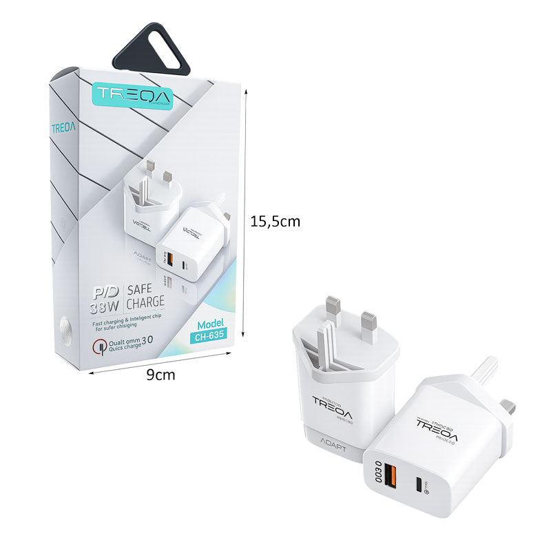 Treqa Φορτιστής Γρήγορης Φόρτισης PD 38W με Θύρα USB και Type C CH-635 - Fast Charging