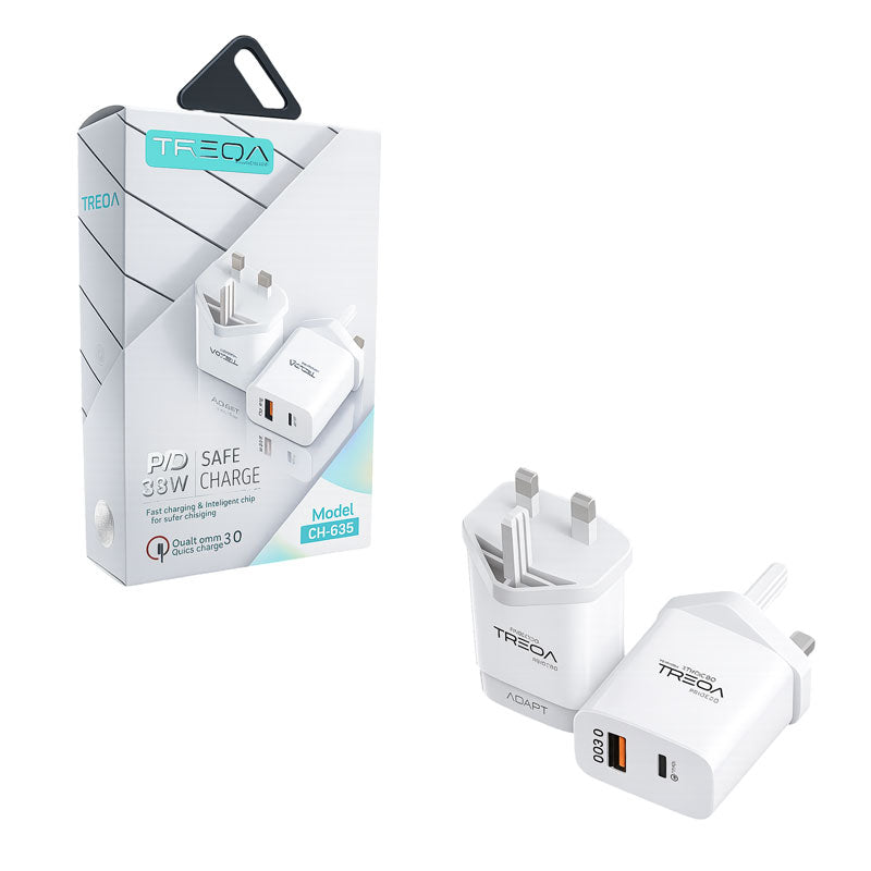 Treqa Φορτιστής Γρήγορης Φόρτισης PD 38W με Θύρα USB και Type C CH-635 - Fast Charging