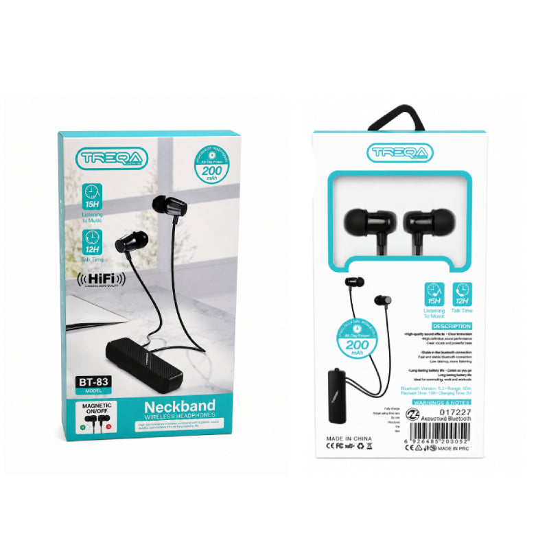 Treqa Ασύρματα Ακουστικά Λαιμού Bluetooth με Μαγνητικά Ακουστικά BT-83 -Bluetooth Neckband Wireless Earphones with Magnetic Earbuds