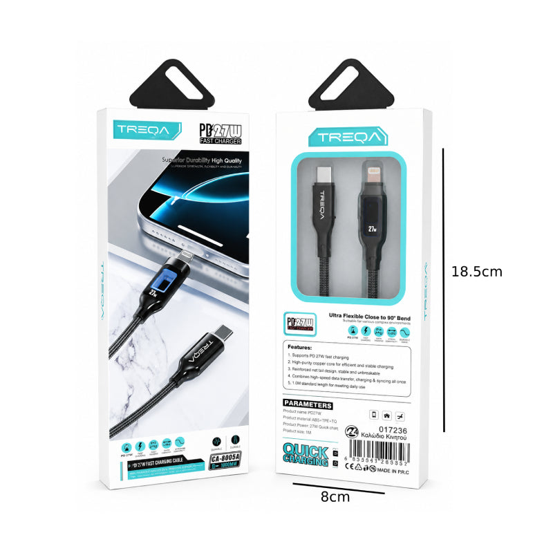 Treqa Καλώδιο USB-C σε Lightning PD 27W Γωνιακό 90° 1.2m CA-80054 -  USB-C to Lightning PD 27W 90° Fast Charging Cable 1.2m CA-80054