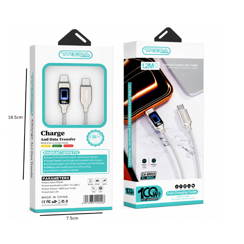 Treqa Καλώδιο Φόρτισης & Μεταφοράς Δεδομένων USB-C σε USB-C 100W 1.2m με Οθόνη Ισχύος CA-80055- USB-C to USB-C 100W Fast Charging & Data Cable with Power Display 1.2m