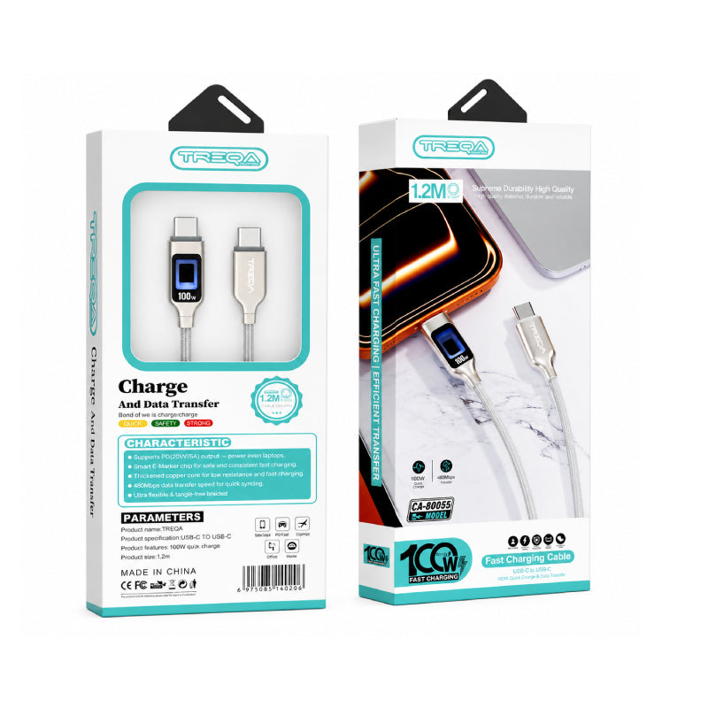 Treqa Καλώδιο Φόρτισης & Μεταφοράς Δεδομένων USB-C σε USB-C 100W 1.2m με Οθόνη Ισχύος CA-80055- USB-C to USB-C 100W Fast Charging & Data Cable with Power Display 1.2m
