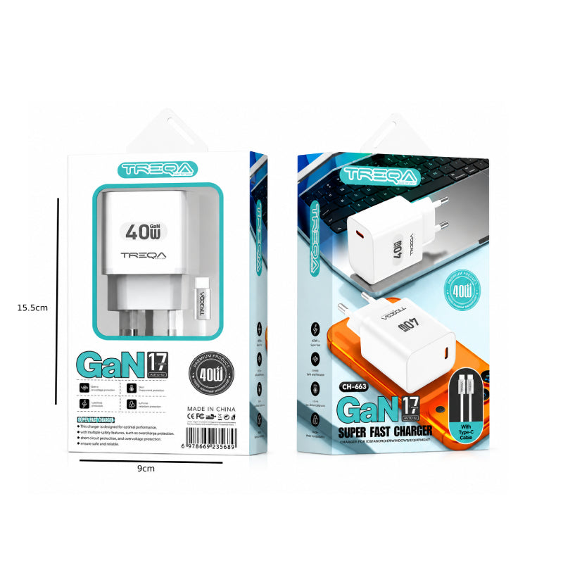 Treqa Φορτιστής GaN 40W USB-C Power Delivery με Καλώδιο Type-C CH-663- GaN 40W USB-C Power Delivery Charger with Type-C Cable