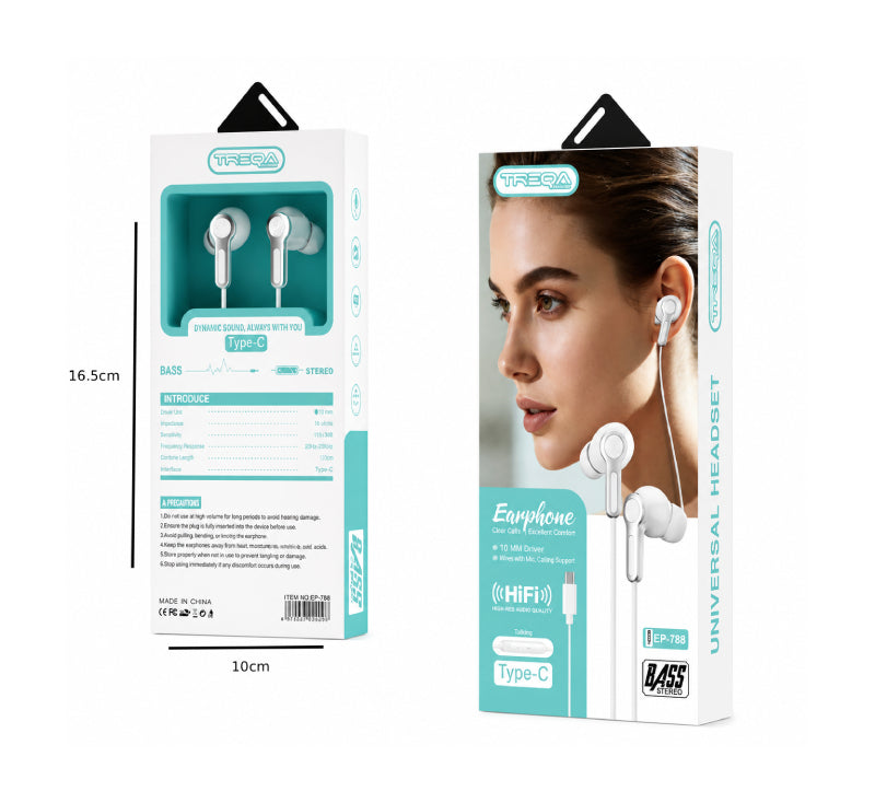Treqa Ενσύρματα Ακουστικά  Type-C HiFi με Μικρόφωνο EP-788- Type-C HiFi Wired Earphones with Microphone