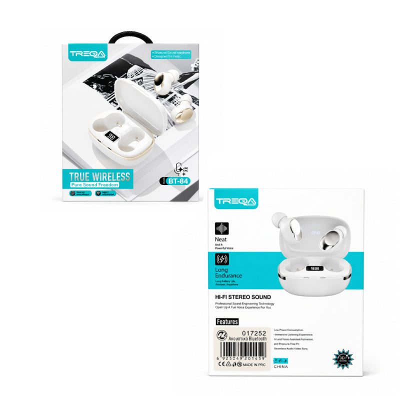 Treqa Ασύρματα Bluetooth Ακουστικά TWS  με Θήκη Φόρτισης BT-84 - True Wireless Bluetooth Earbuds with Charging Case