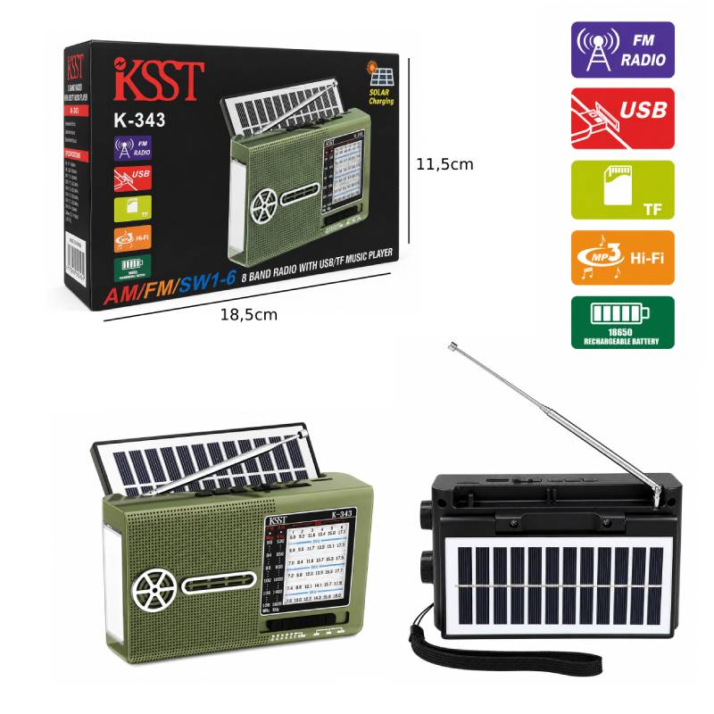 KSST Φορητό Ραδιόφωνο K-343 AM/FM/SW με Ηλιακή Φόρτιση, USB, TF & Επαναφορτιζόμενη Μπαταρία - Portable Solar Radio