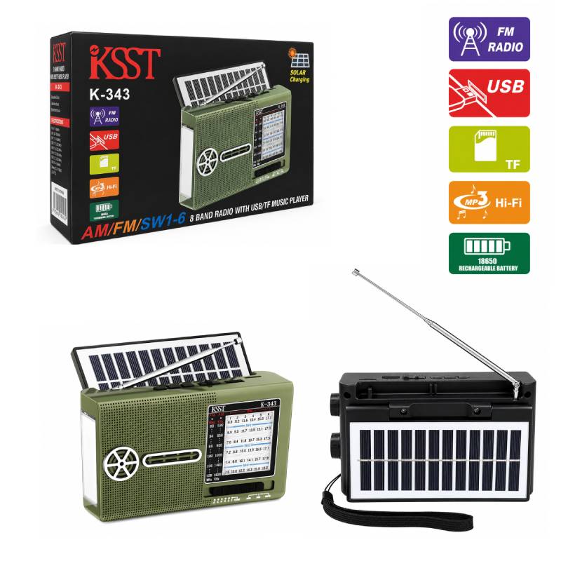 KSST Φορητό Ραδιόφωνο K-343 AM/FM/SW με Ηλιακή Φόρτιση, USB, TF & Επαναφορτιζόμενη Μπαταρία - Portable Solar Radio