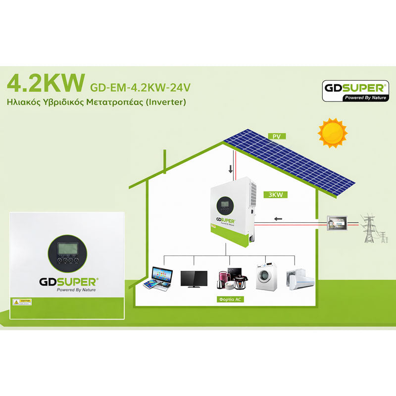 Υβριδικός Ηλιακός Μετατροπέας 4.2KW 24V GD Super με MPPT 100A - GD Super 4.2KW 24V Hybrid Solar Inverter with MPPT 100A