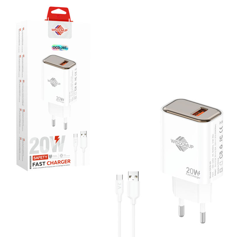 Wisdomup Φορτιστής Ταχείας Φόρτισης 20W USB-C με Καλώδιο USB-C σε Type-C OCD-29T - Fast Charger with USB-C to Type-C Cable