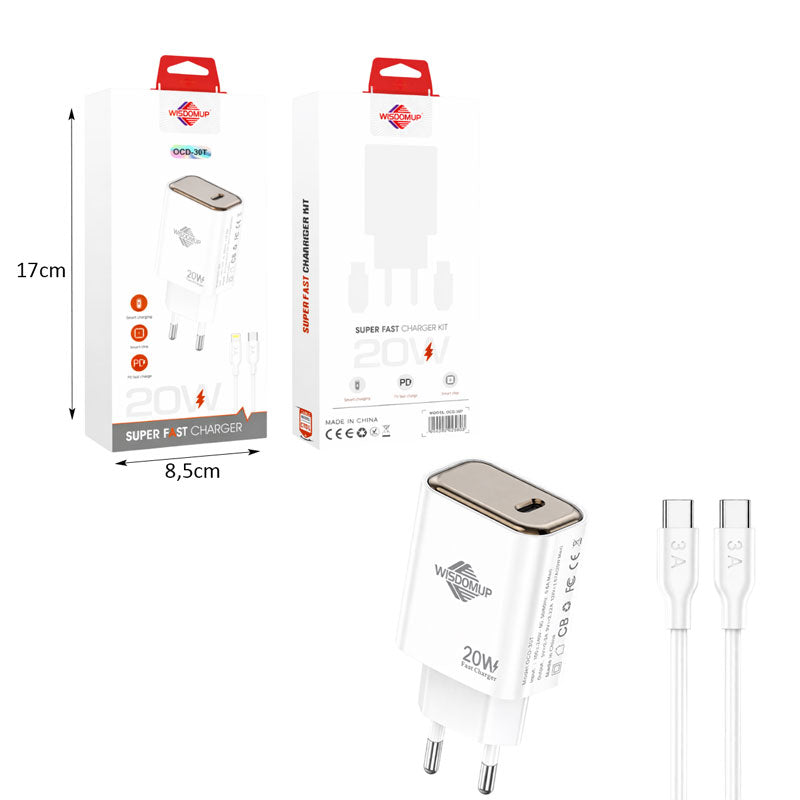 Wisdomup Φορτιστής Κινητού Type-C σε Type-C 20W OCD-30T - Fast Charger with Type-C to Type-C Cable