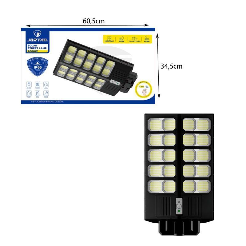 Jortan Led Αδιάβροχο Ηλιακό Φωτιστικό Δρόμου 2000W με Ανιχνευτή Κίνησης Και Τηλεχειριστήριο IP66 - Solar Street Lamp