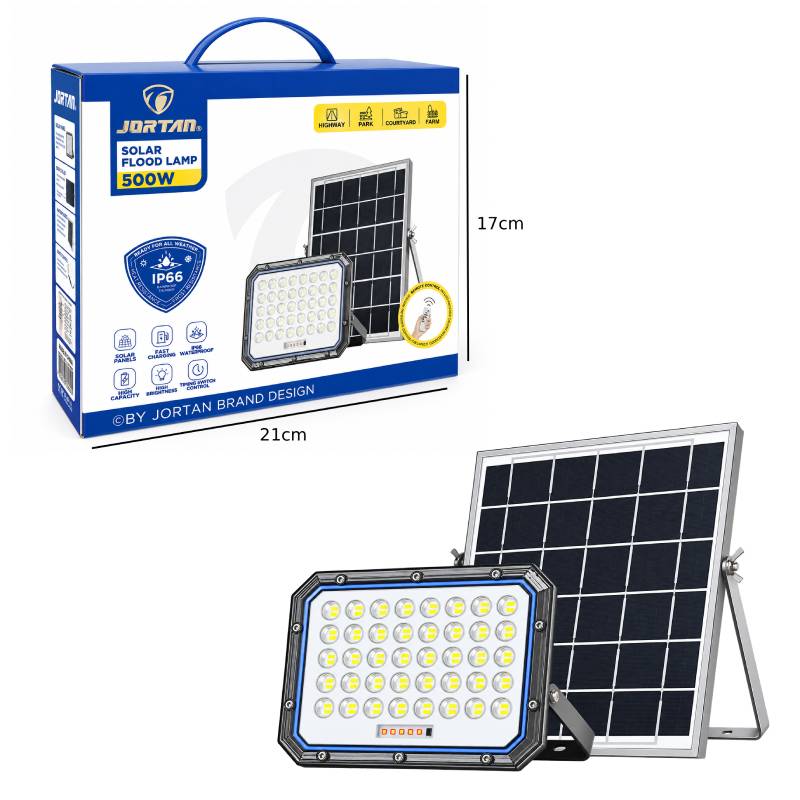 JORTAN Ηλιακός Προβολέας LED 500W με Φωτοβολταϊκό Πάνελ & Τηλεχειριστήριο IP66 - Solar LED Flood Light with Solar Panel