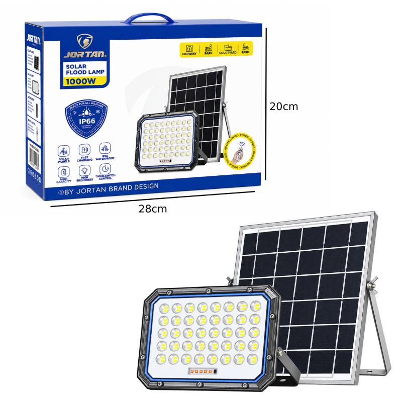JORTAN Ηλιακός Προβολέας LED 1000W με Φωτοβολταϊκό Πάνελ, Τηλεχειριστήριο & IP66 - Solar LED Flood Light with Solar Panel