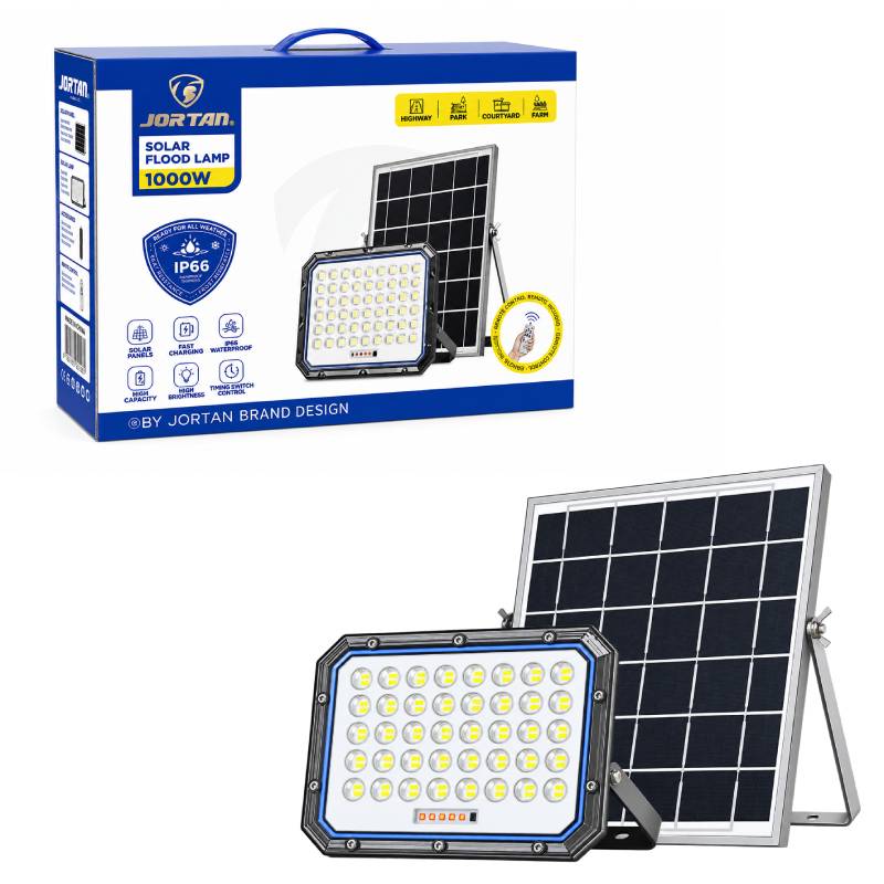 JORTAN Ηλιακός Προβολέας LED 1000W με Φωτοβολταϊκό Πάνελ, Τηλεχειριστήριο & IP66 - Solar LED Flood Light with Solar Panel