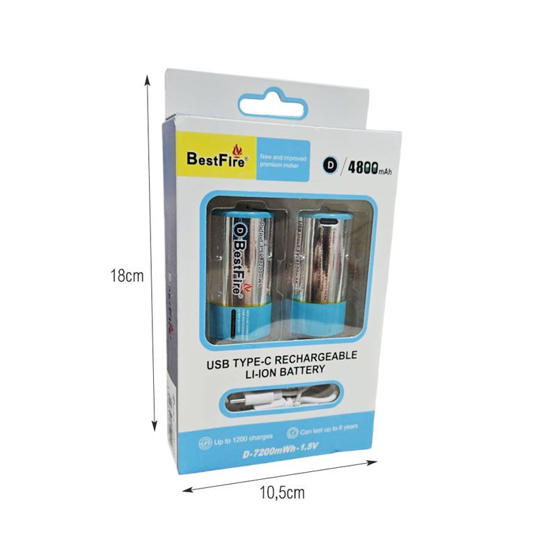 BestFire Επαναφορτιζόμενες Μπαταρίες D 4800mAh με USB Type-C - Rechargeable Batteries with USB
