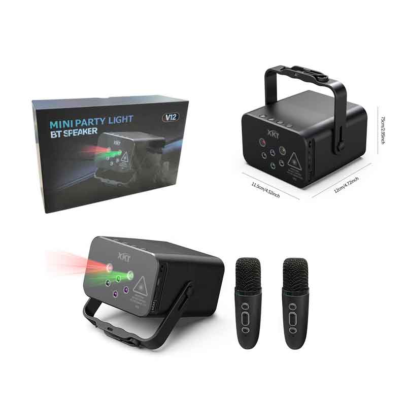 Φορητό Ηχείο με Φώτα Πάρτι & Bluetooth + 2 Ασύρματα Μικρόφωνα – Mini Party Light BT Speaker V12