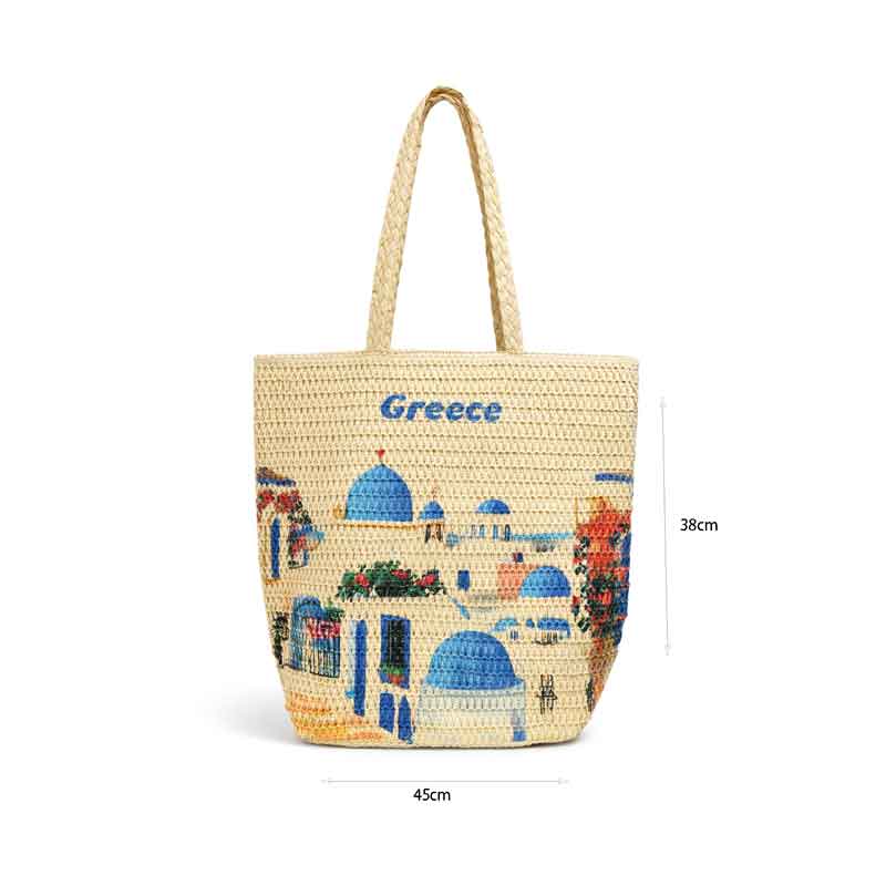 Τσάντα Θαλάσσης Ψάθινη με Σχέδιο Ελληνικού Νησιού – Straw Beach Bag Greek Island Print