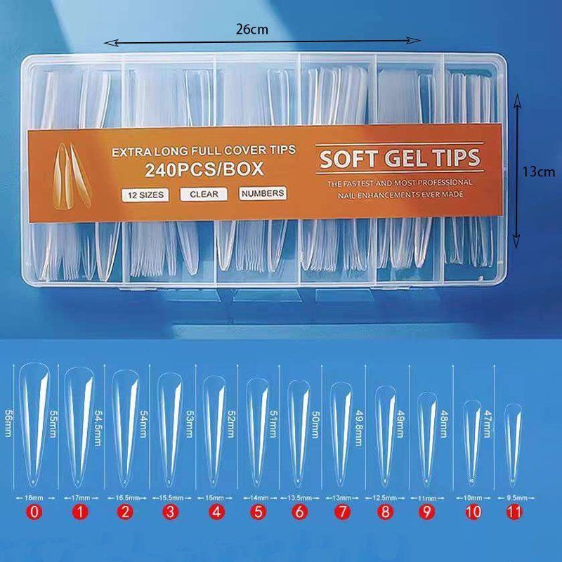 Κασετίνα μαλακά τεχνητά νύχια 12 μεγέθοι 240τμχ – Extra Long Full Cover Nail Tips Clear Soft Gel Tips 240pcs