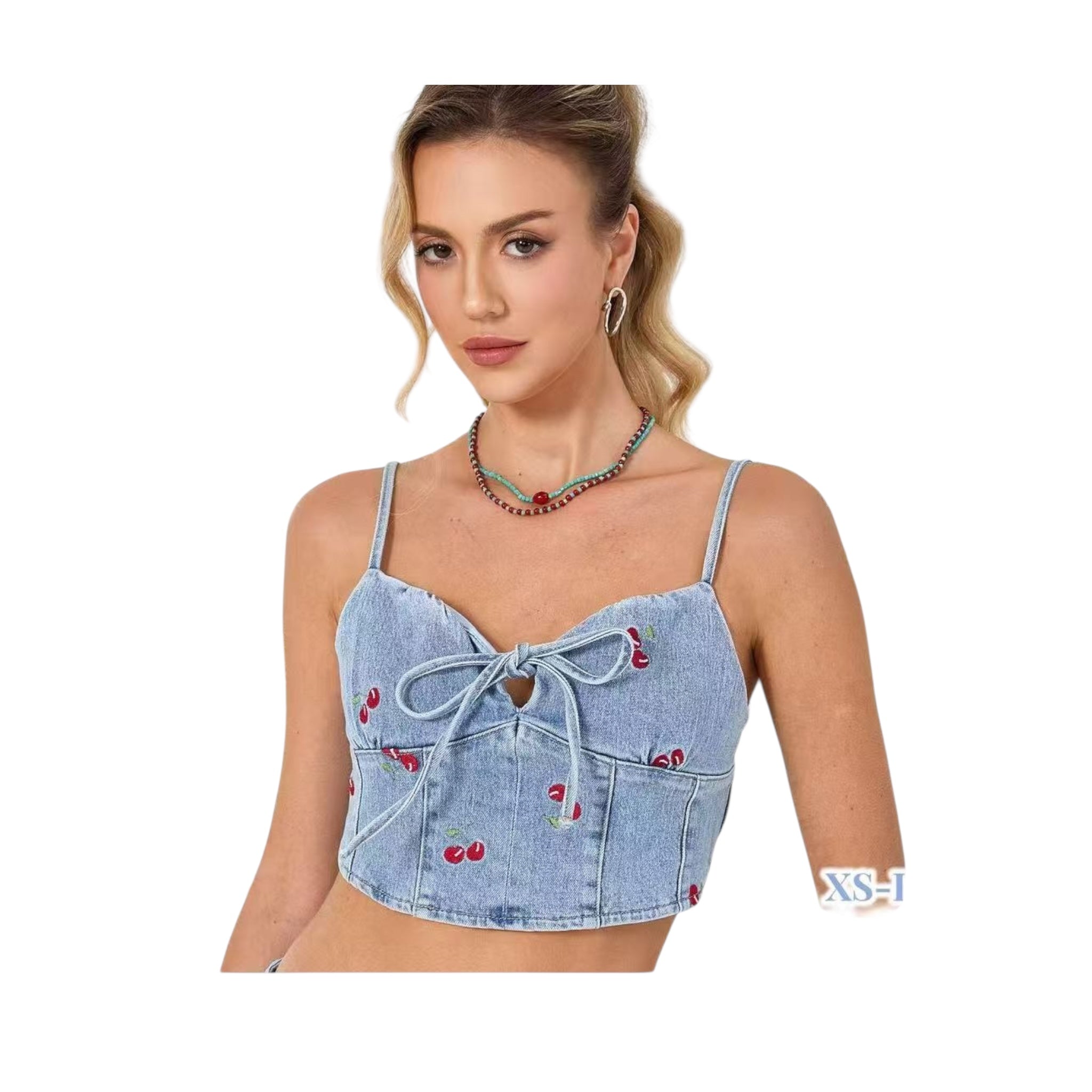 ADORO Women's Denim Crop Top with Cherry Embroidery Blue